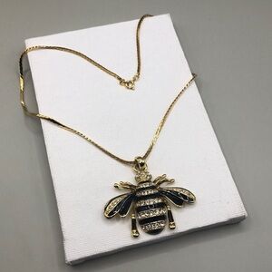 Big dressy rhinestone and enamel bumble bee pendant chain necklace - statement